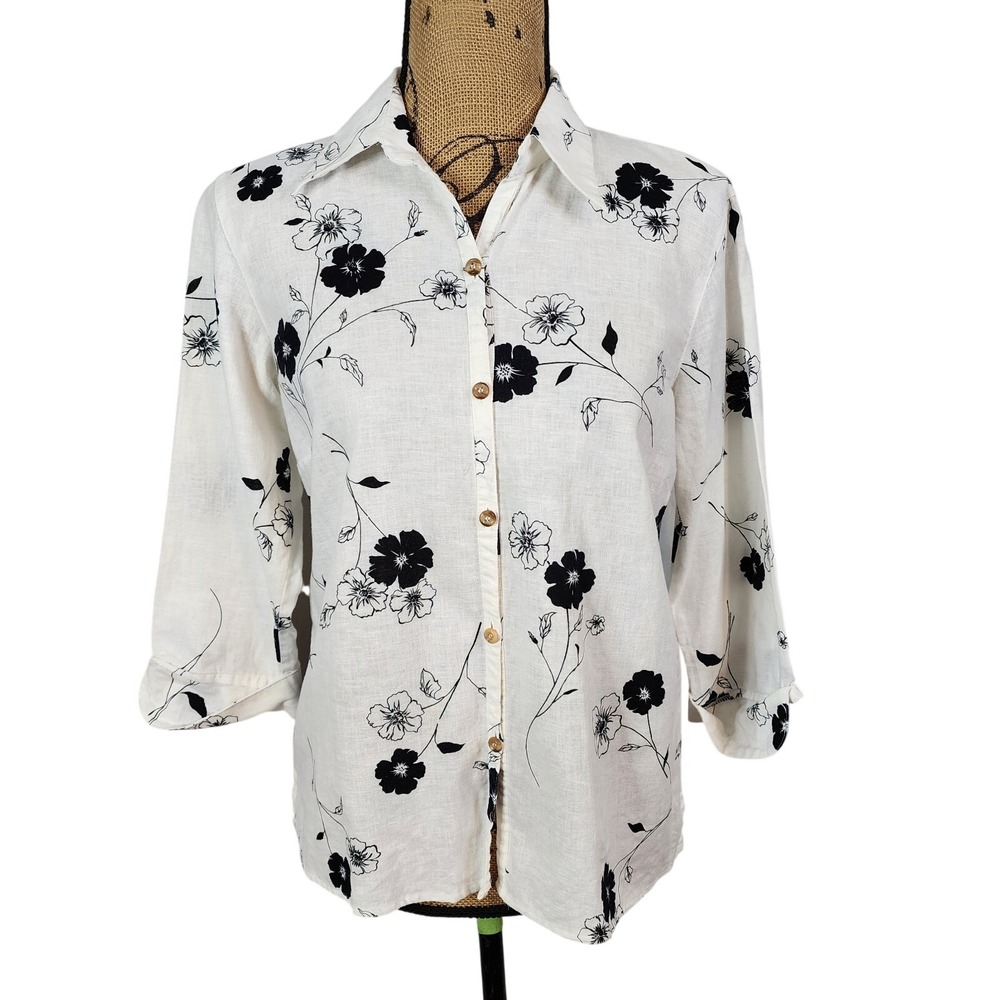 Vintage HARVE BENARD Size Medium Linen Cotton Blend Floral 3/4 Sleeve Blouse EUC